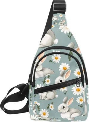 Fanny Pack Cross Body Bag for Outdoors Hiking Traveling, Cute spring easter rabbit daisy (2)