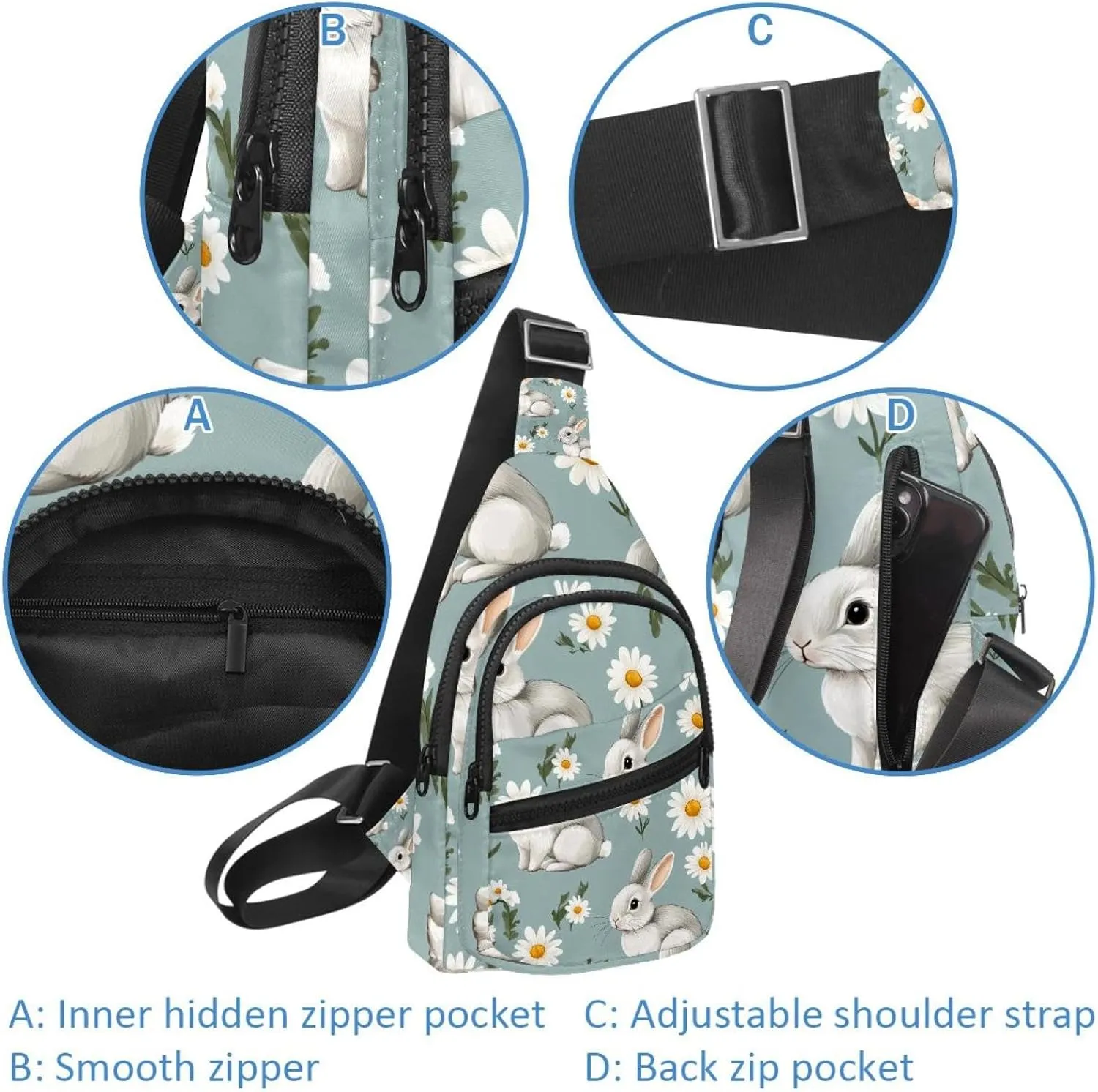Fanny Pack Cross Body Bag for Outdoors Hiking Traveling, Cute spring easter rabbit daisy (2)