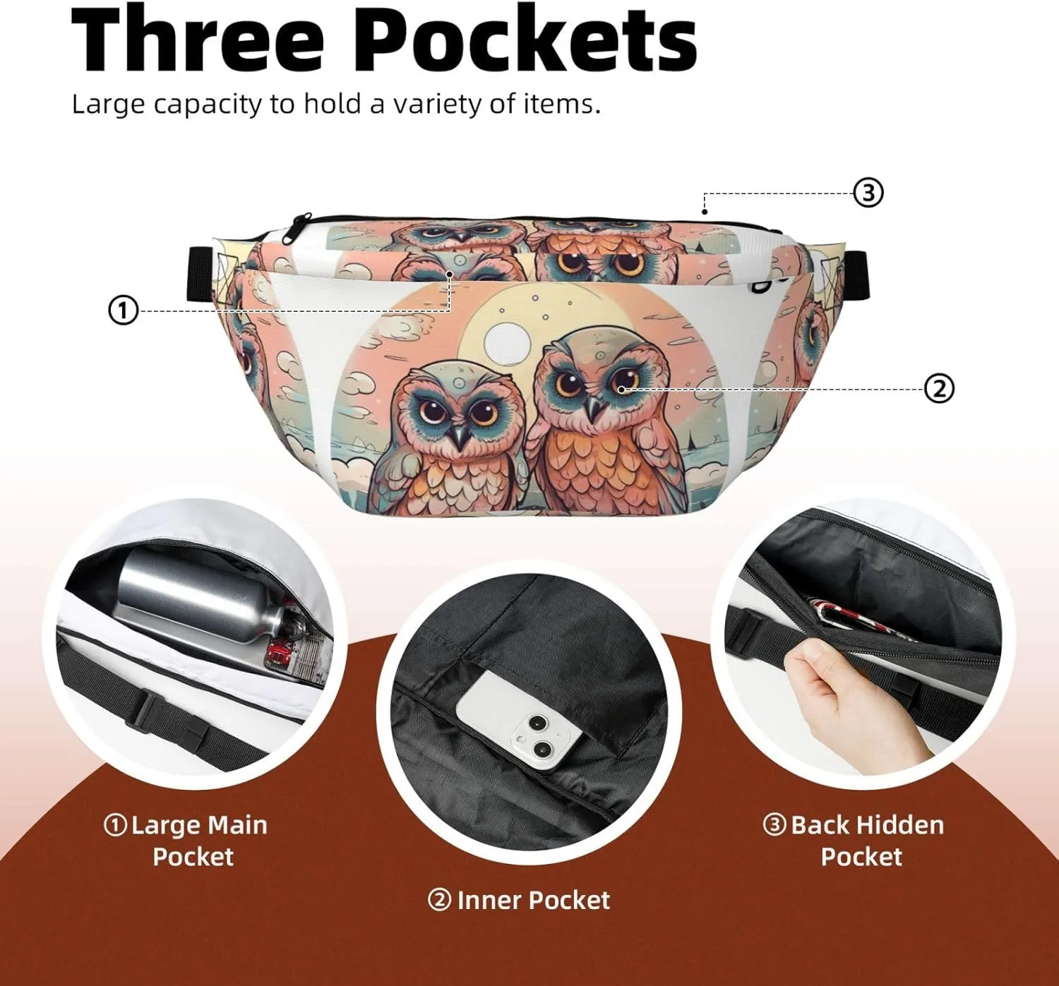 Fanny Pack for Men Women Two Owls on the Water Belt Bag with Adjustable Strap Fashion Waist Bag Waist Pack for Travel