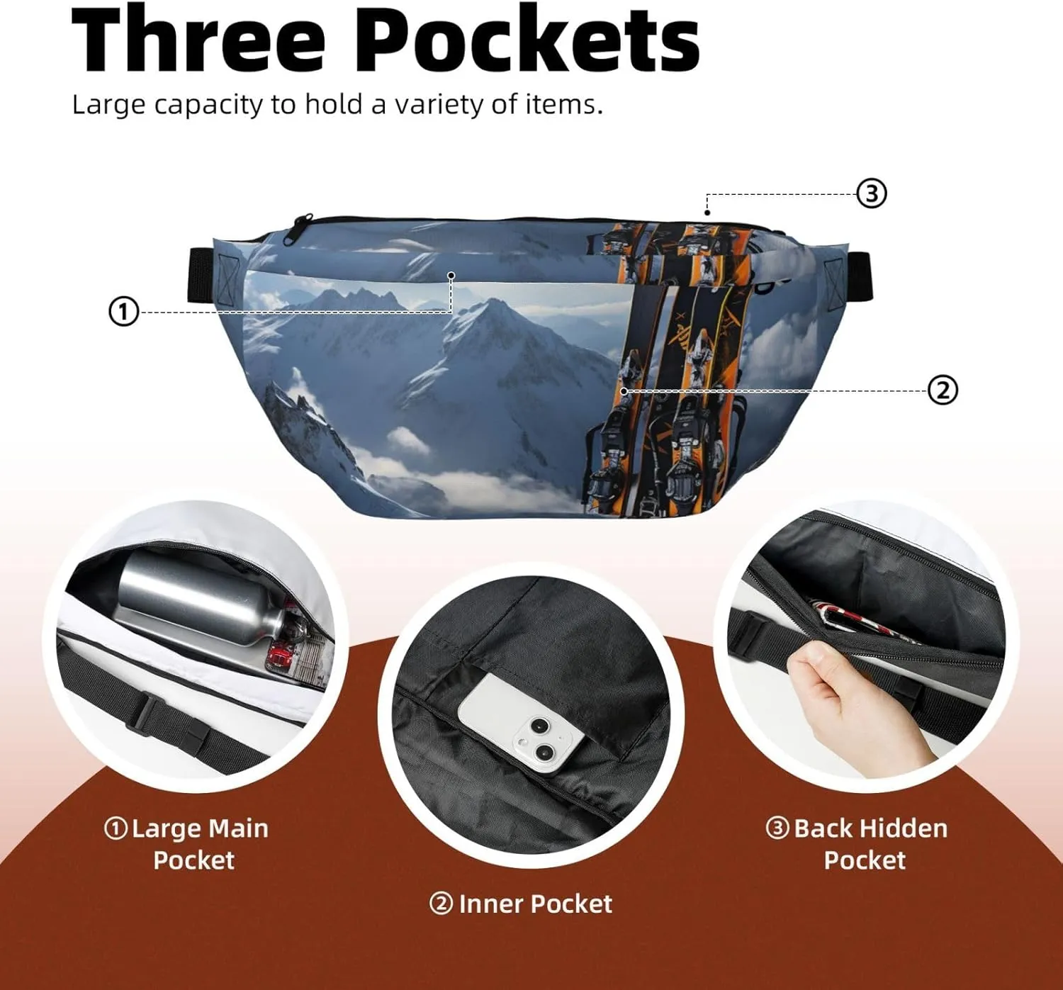 Fanny Pack for Women Men Waist Bag Waterproof Skis on mountain Belt Bag with Adjustable Strap
