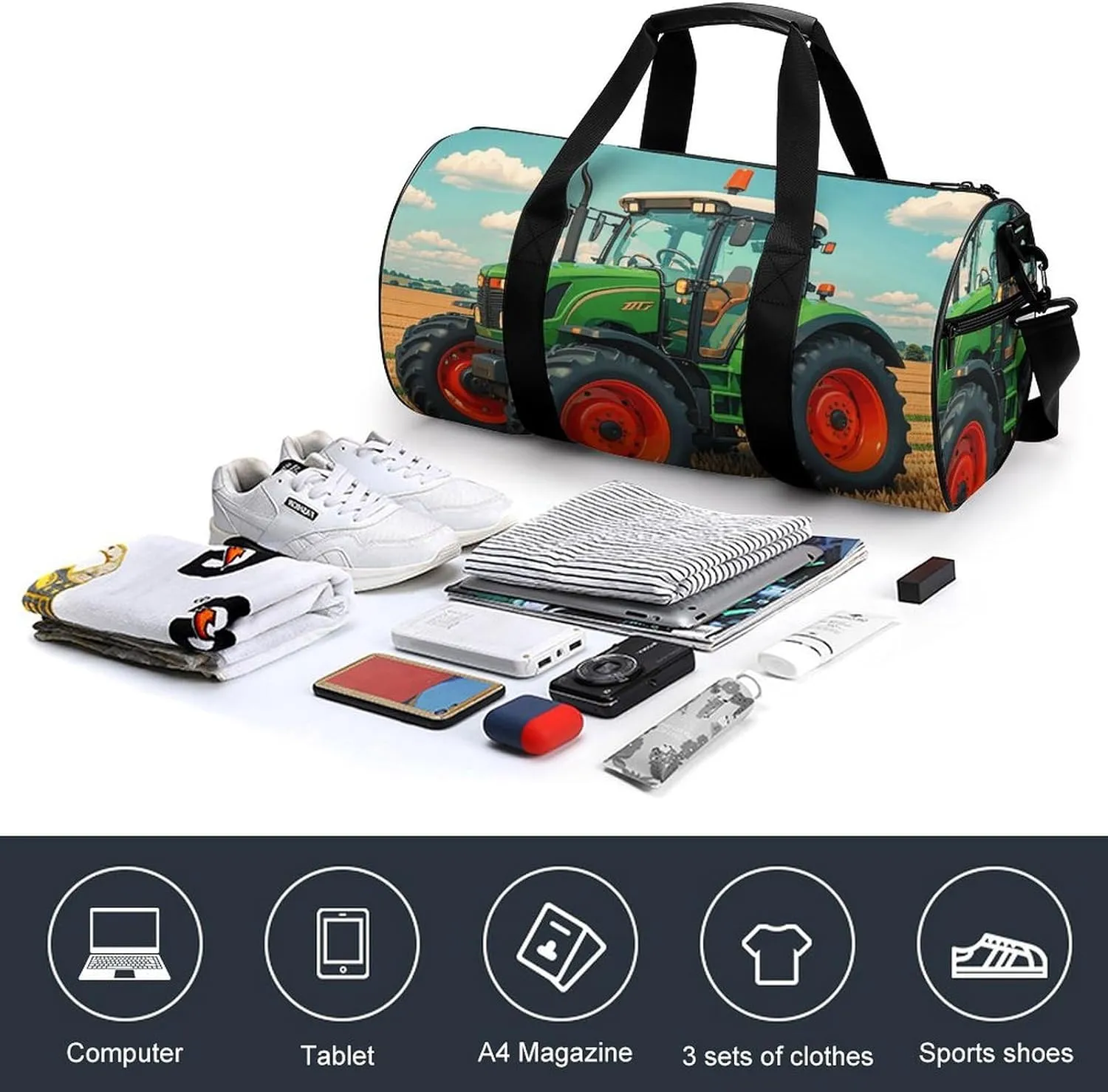 Fantasy Farm Tractor Gym Bag Small Travel Duffle Bag with Compartment Carry On Weekender Bag for Women Men