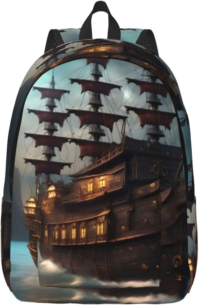 Fantasy Pirate Ship Print Canvas Laptop Backpack Outdoor Casual Travel Bag Daypack Book Bag For Men Women