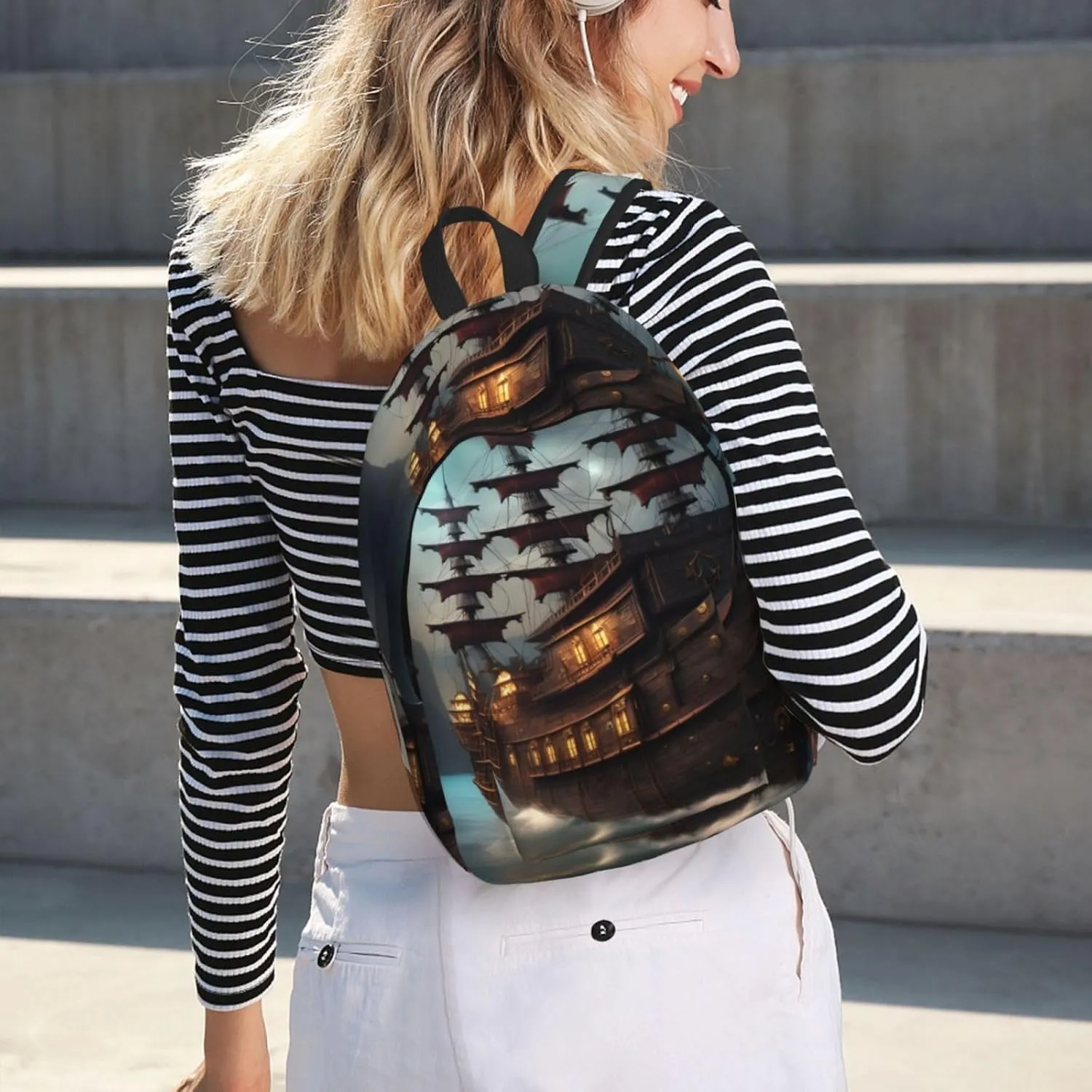 Fantasy Pirate Ship Print Canvas Laptop Backpack Outdoor Casual Travel Bag Daypack Book Bag For Men Women