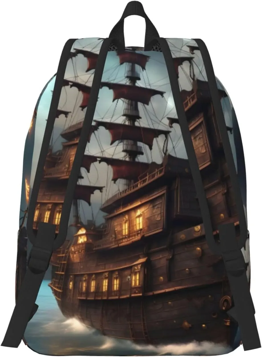 Fantasy Pirate Ship Print Canvas Laptop Backpack Outdoor Casual Travel Bag Daypack Book Bag For Men Women