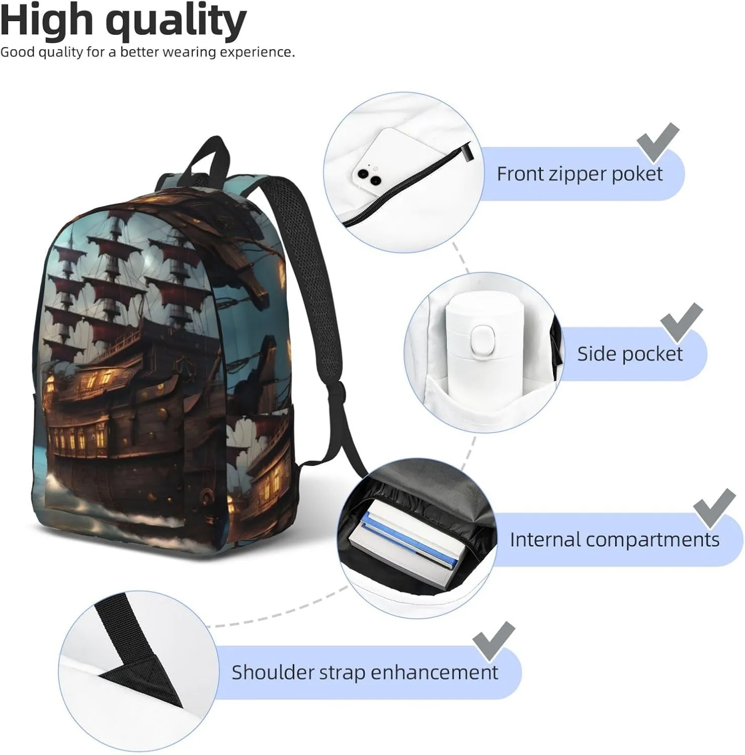 Fantasy Pirate Ship Print Canvas Laptop Backpack Outdoor Casual Travel Bag Daypack Book Bag For Men Women