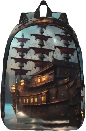 Fantasy Pirate Ship Print Canvas Laptop Backpack Outdoor Casual Travel Bag Daypack Book Bag For Men Women