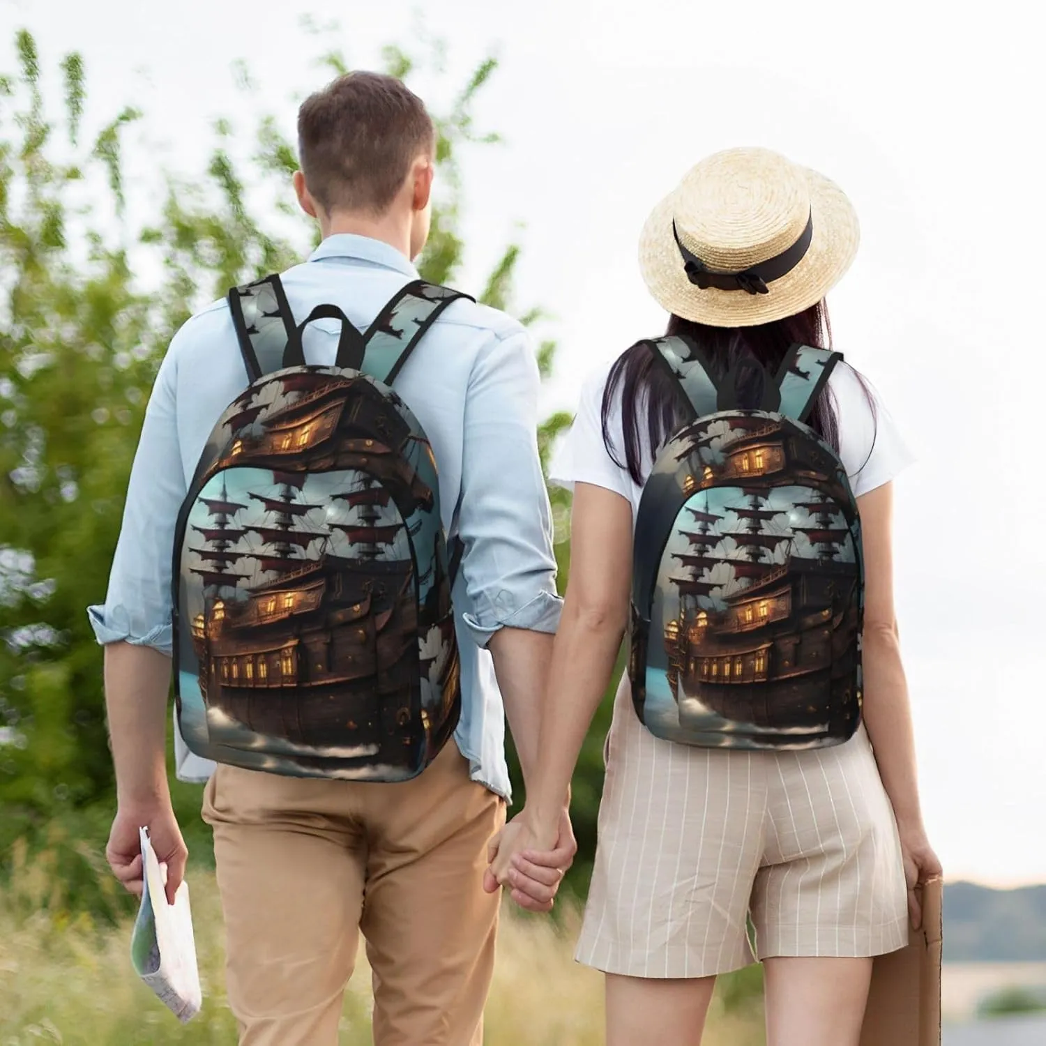 Fantasy Pirate Ship Print Canvas Laptop Backpack Outdoor Casual Travel Bag Daypack Book Bag For Men Women