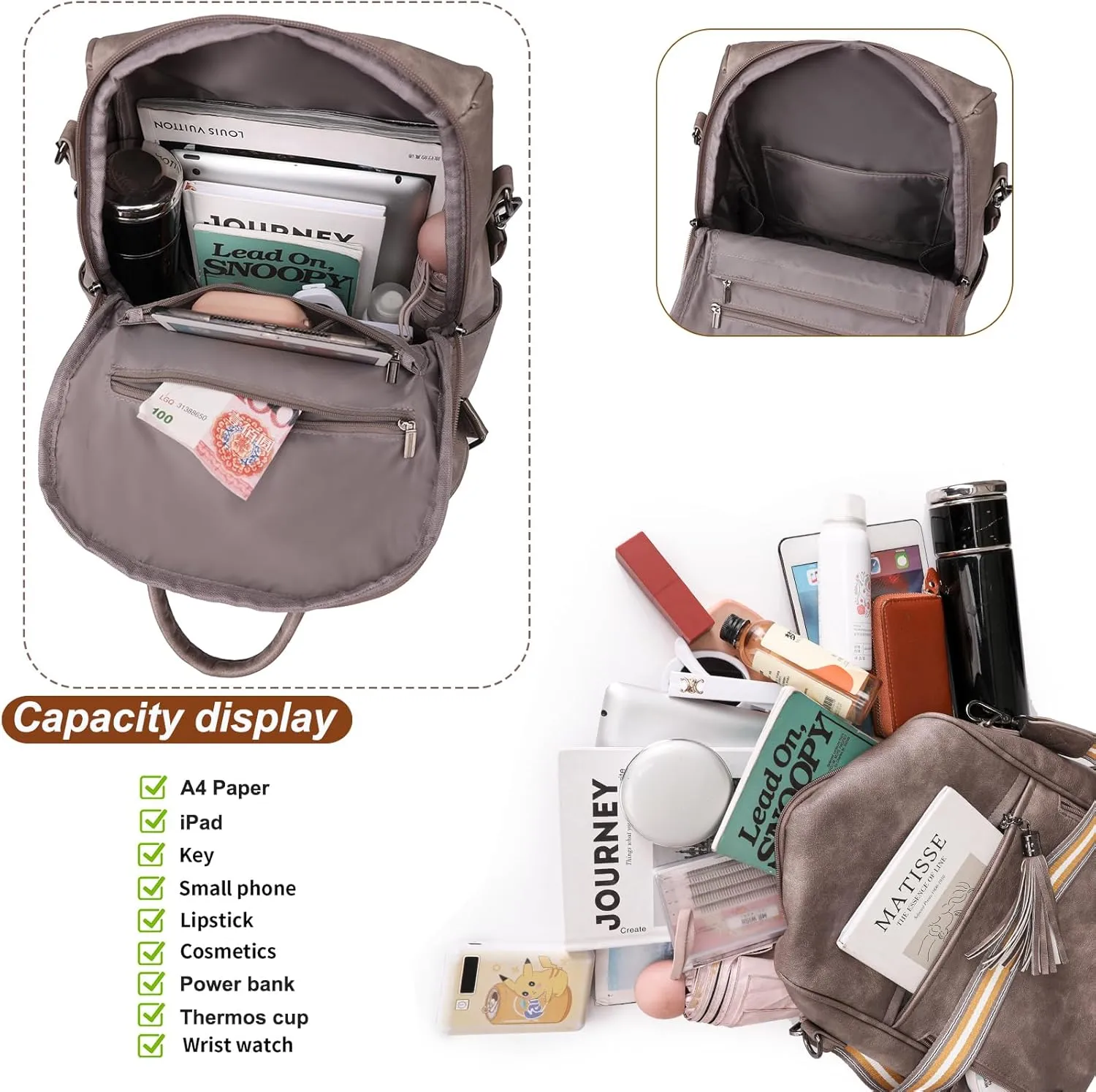 Fashion Backpack for Women Vintage Shoulder Bag Convertiable Handbag for Travel, Deep-Camel