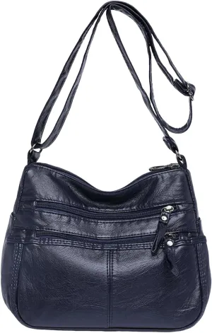 Fashion Casual Women's Retro Soft Leather Zipper Double Pocket Shoulder Messenger Bag Rustic Shoulder (Blue, One Size)