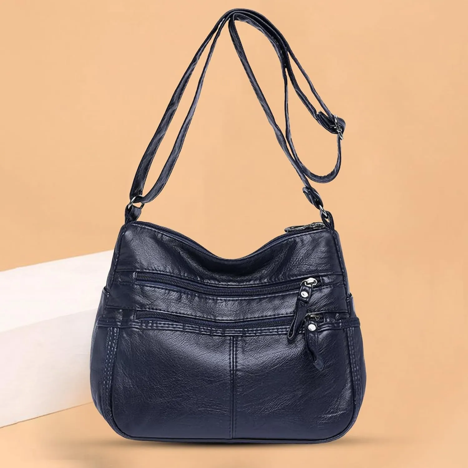 Fashion Casual Women's Retro Soft Leather Zipper Double Pocket Shoulder Messenger Bag Rustic Shoulder (Blue, One Size)
