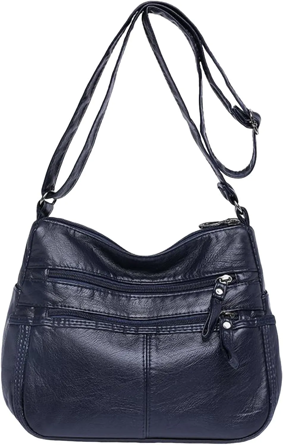 Fashion Casual Women's Retro Soft Leather Zipper Double Pocket Shoulder Messenger Bag Rustic Shoulder (Blue, One Size)