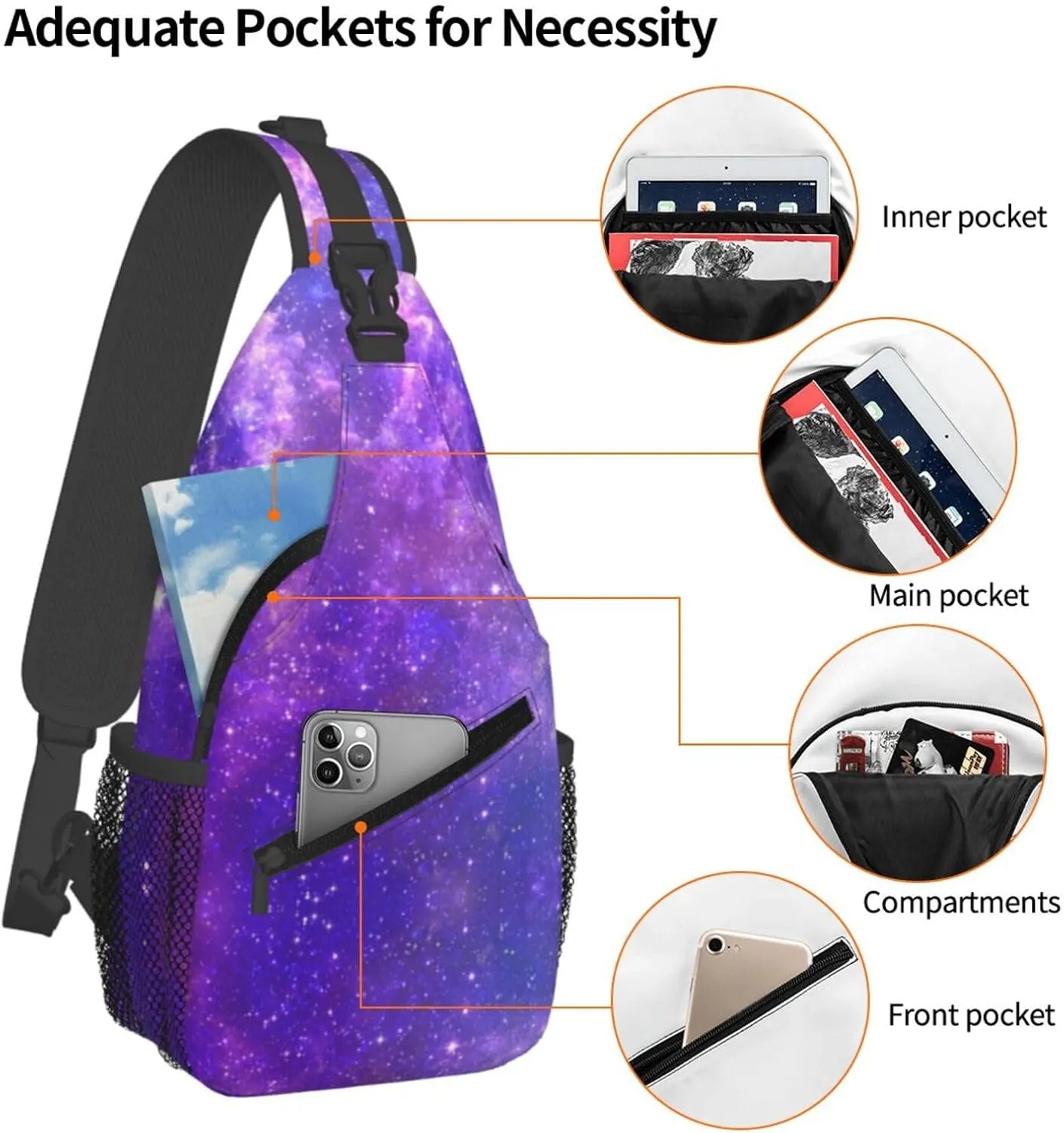Fashion Purple Galaxy Sling Backpack, Multipurpose Crossbody Shoulder Bag Travel Hiking Daypack for Men Women