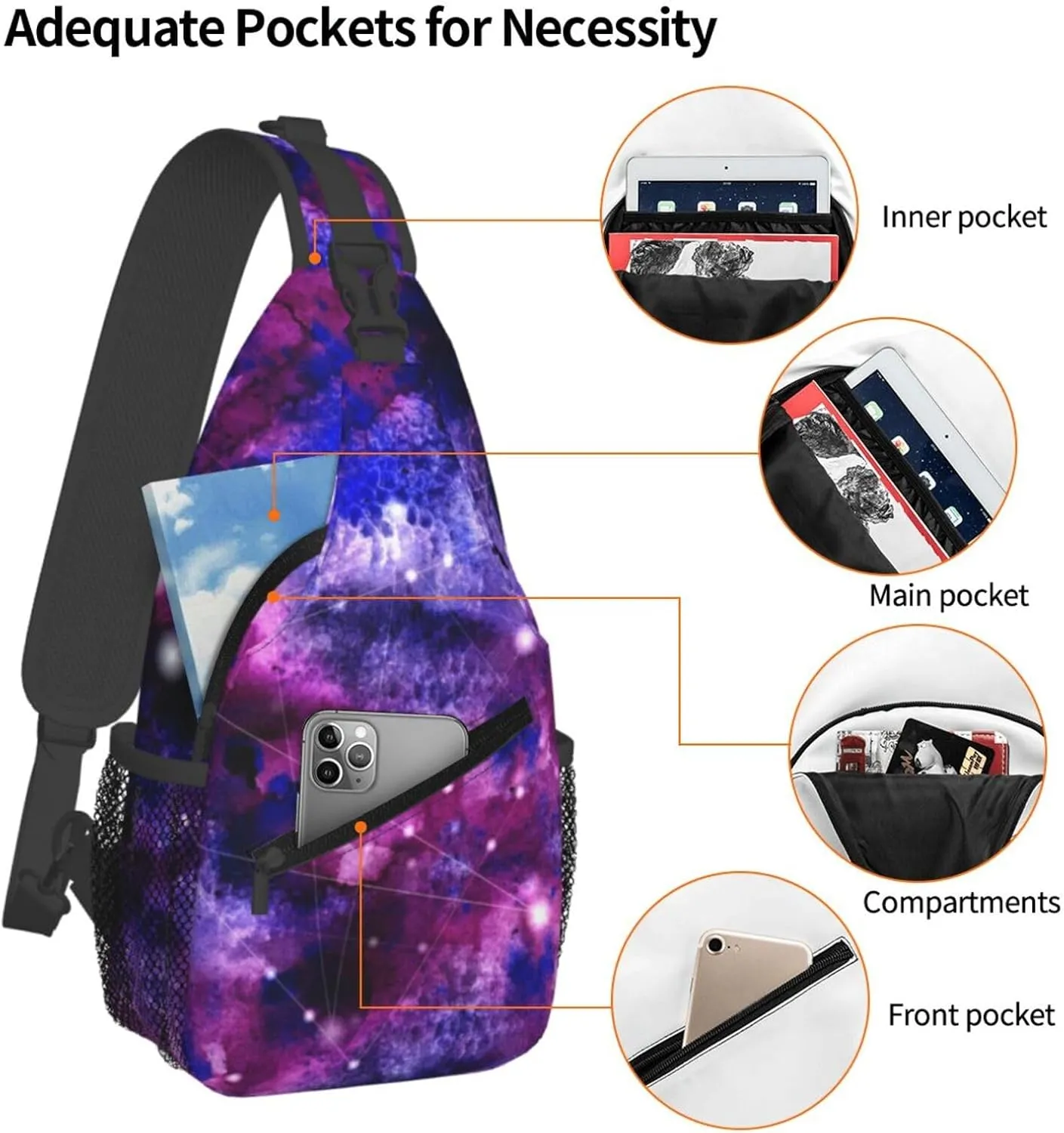 Fashion Purple Galaxy Sling Backpack, Multipurpose Crossbody Shoulder Bag Travel Hiking Daypack for Men Women