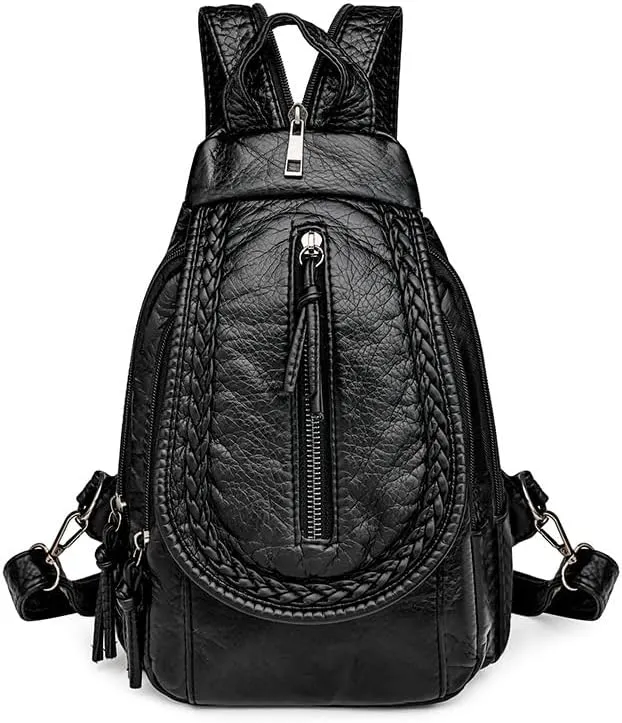 Faux Leather Convertible Sling Backpack Travel Hiking Crossbody Shoulder Bag for Women, Black 4