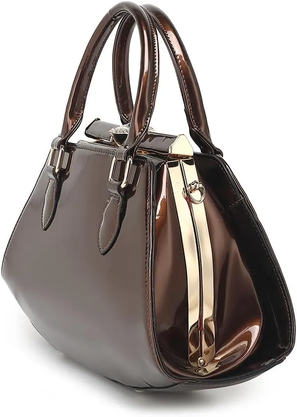 Faux Patent Leather Double Handle Frame Satchel