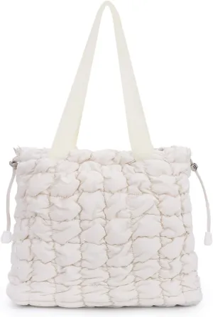Fecialy Quilted Handbag for Women Puffer Tote Bag Cloud Shoulder Bag Lightweight Nylon Purse Padded Handbag