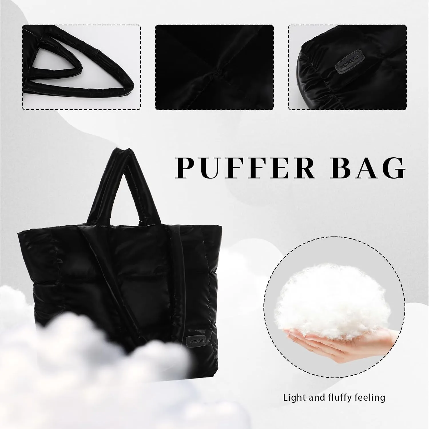 Fecialy Quilted Tote for Women - Large Puffer Shoulder Bag, Puffy Nylon Satchel Travel Handbag