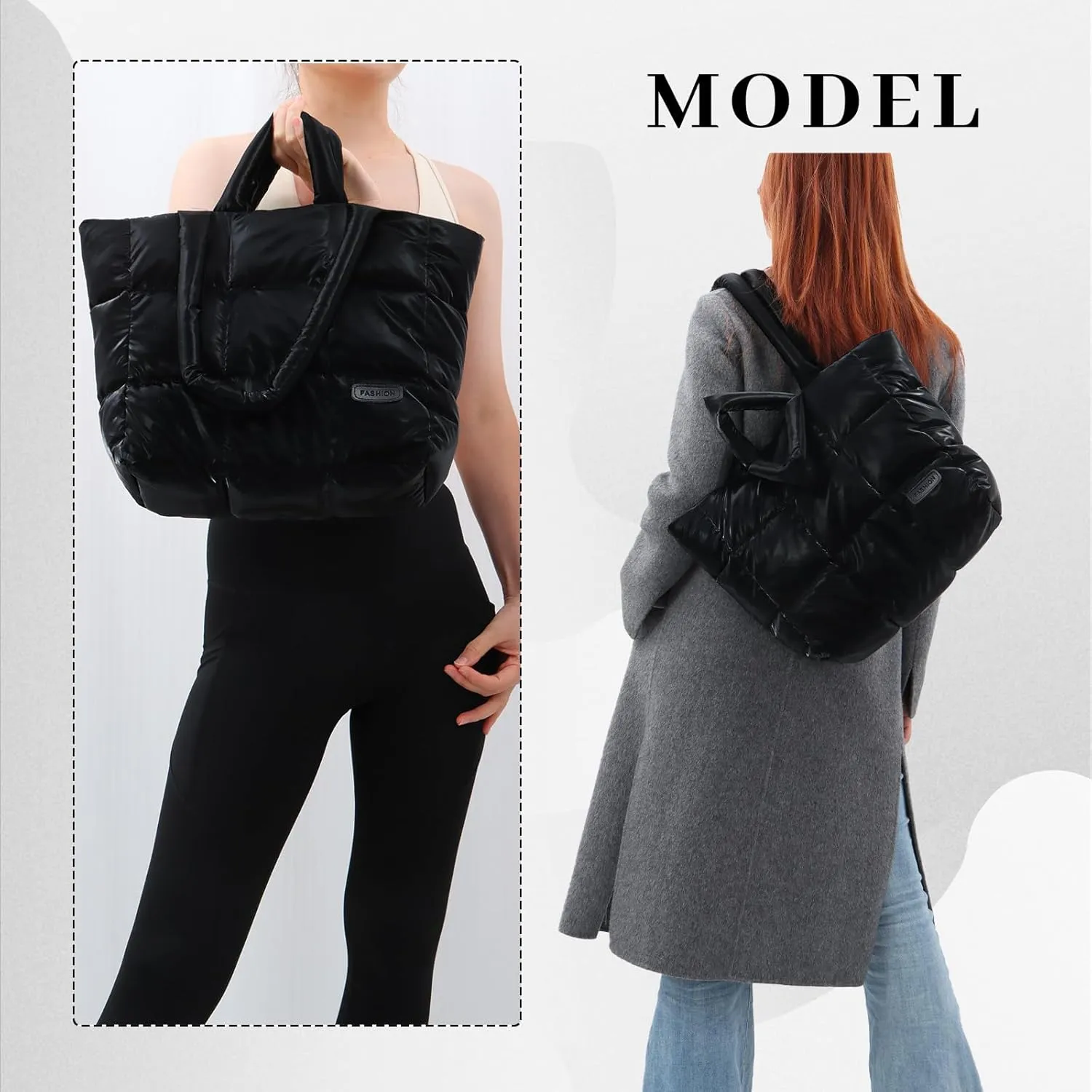 Fecialy Quilted Tote for Women - Large Puffer Shoulder Bag, Puffy Nylon Satchel Travel Handbag