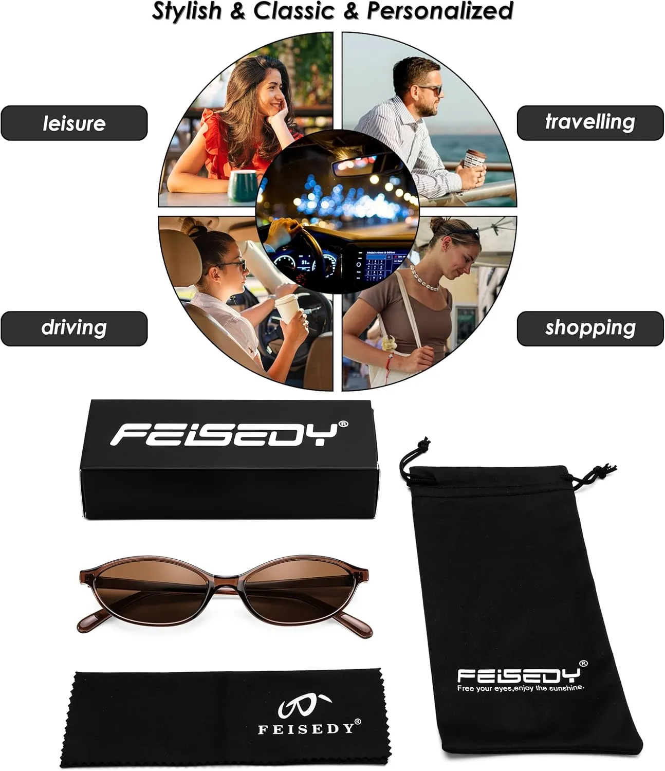 FEISEDY Retro Oval Cat Eye Sunglasses for Women 90s Narrow Lightweight Shades Y2k Trendy Sunnies B0257