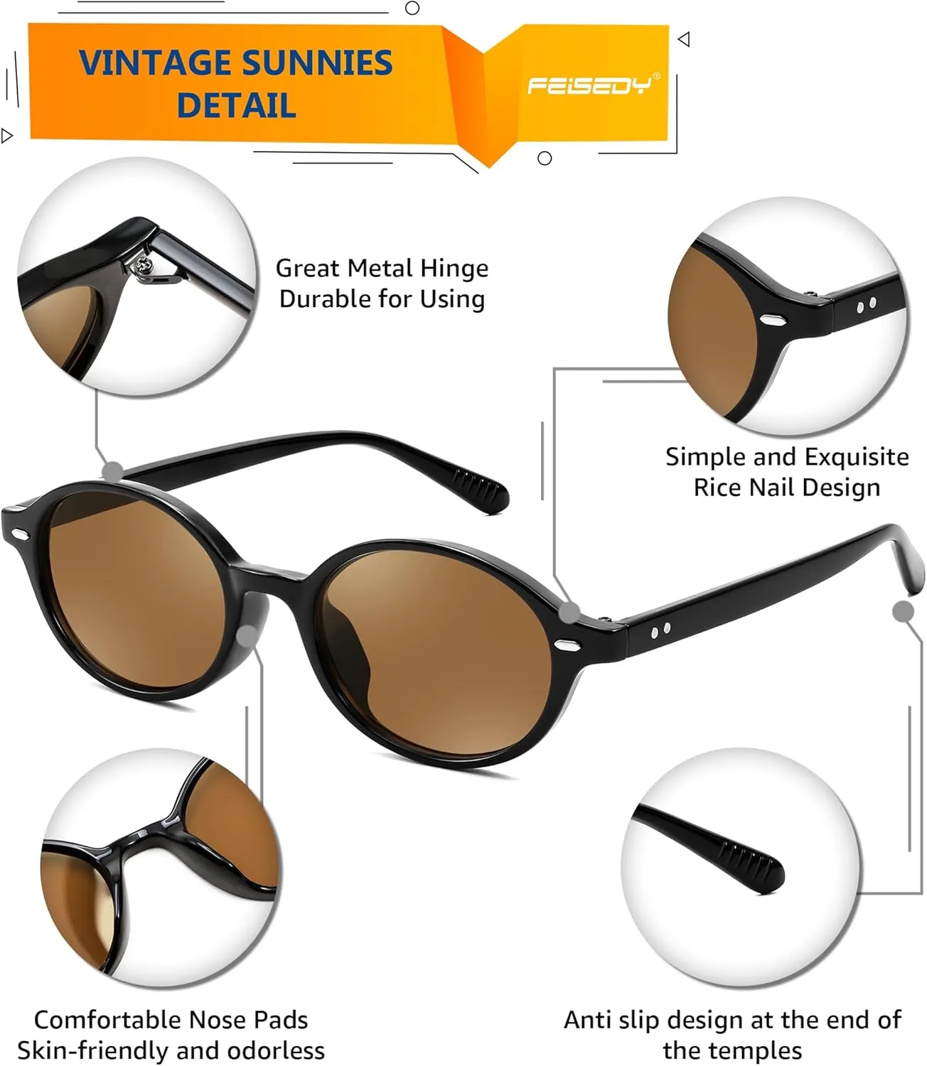 FEISEDY Retro Oval Sunglasses for Women 90s Narrow Round Lightweight Shades Y2k Trendy Sunnies B1171