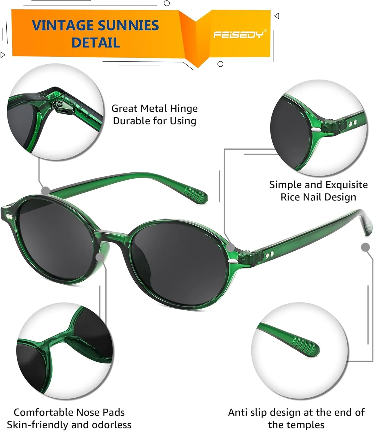 FEISEDY Retro Oval Sunglasses for Women 90s Narrow Round Lightweight Shades Y2k Trendy Sunnies B1171