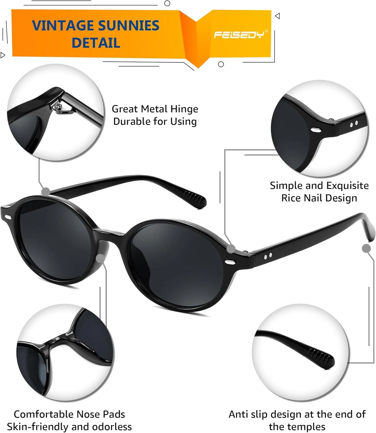 FEISEDY Retro Oval Sunglasses for Women 90s Narrow Round Lightweight Shades Y2k Trendy Sunnies B1171