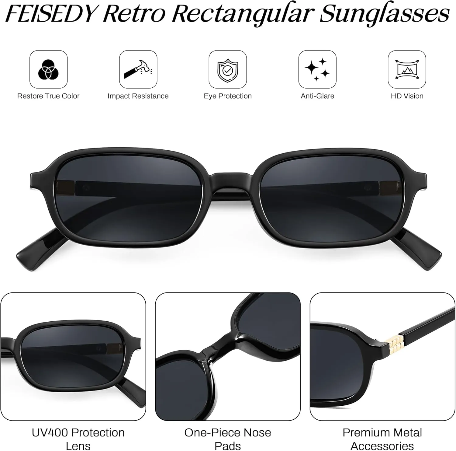 FEISEDY Retro Rectangular Sunglasses for Women Men 90s Small Vintage Fashion Square Sunnies B0282