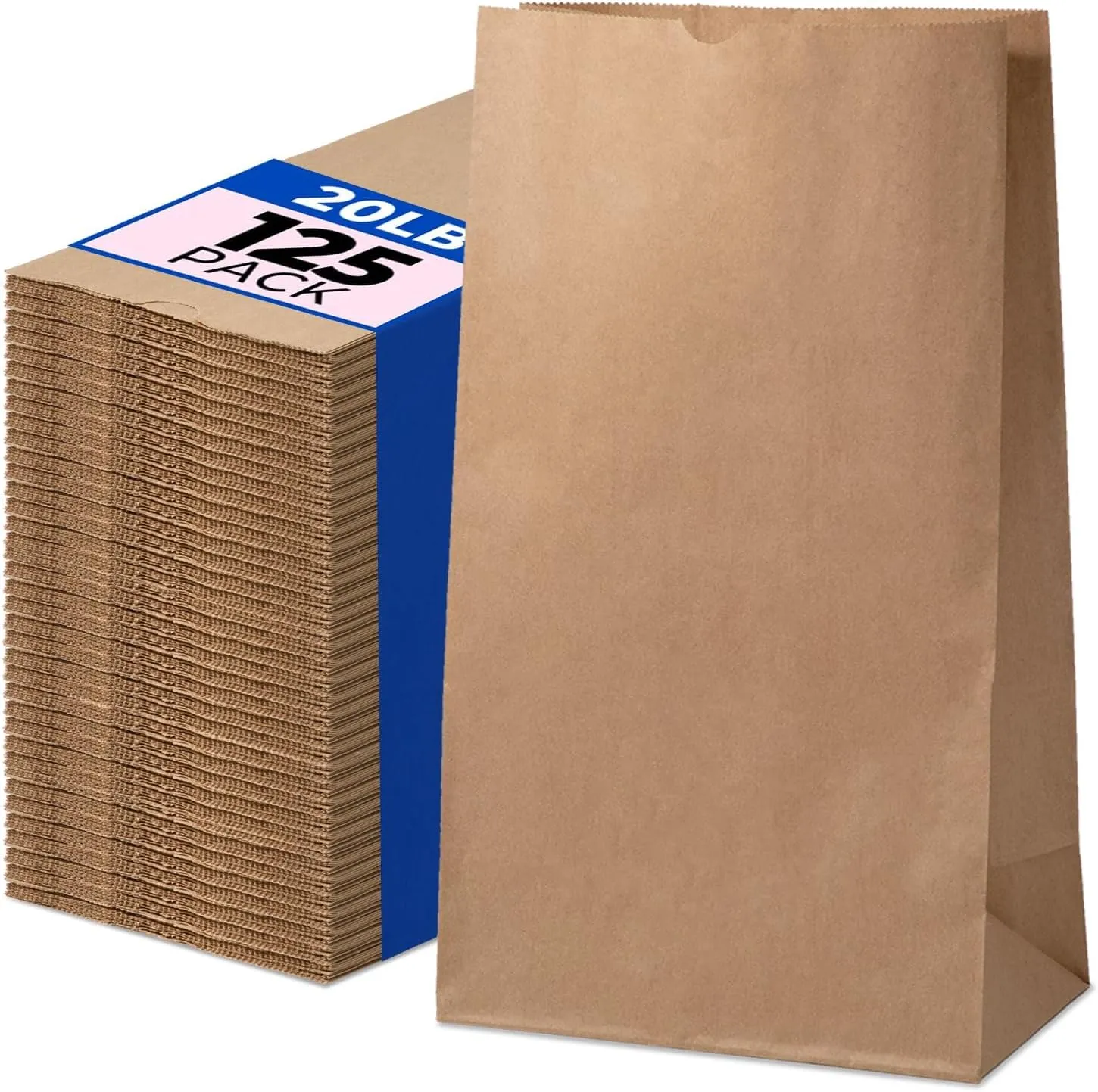 Fit Meal Prep 125 Pack 20 lb Large Brown Paper Bags, 16 x 8 x 5.5” Durable Kraft Paper Bags Bulk for Packing, Delivery, Take Out, Grocery, Retail Shopping, Premium Big Size Paper Sacks for Shopping