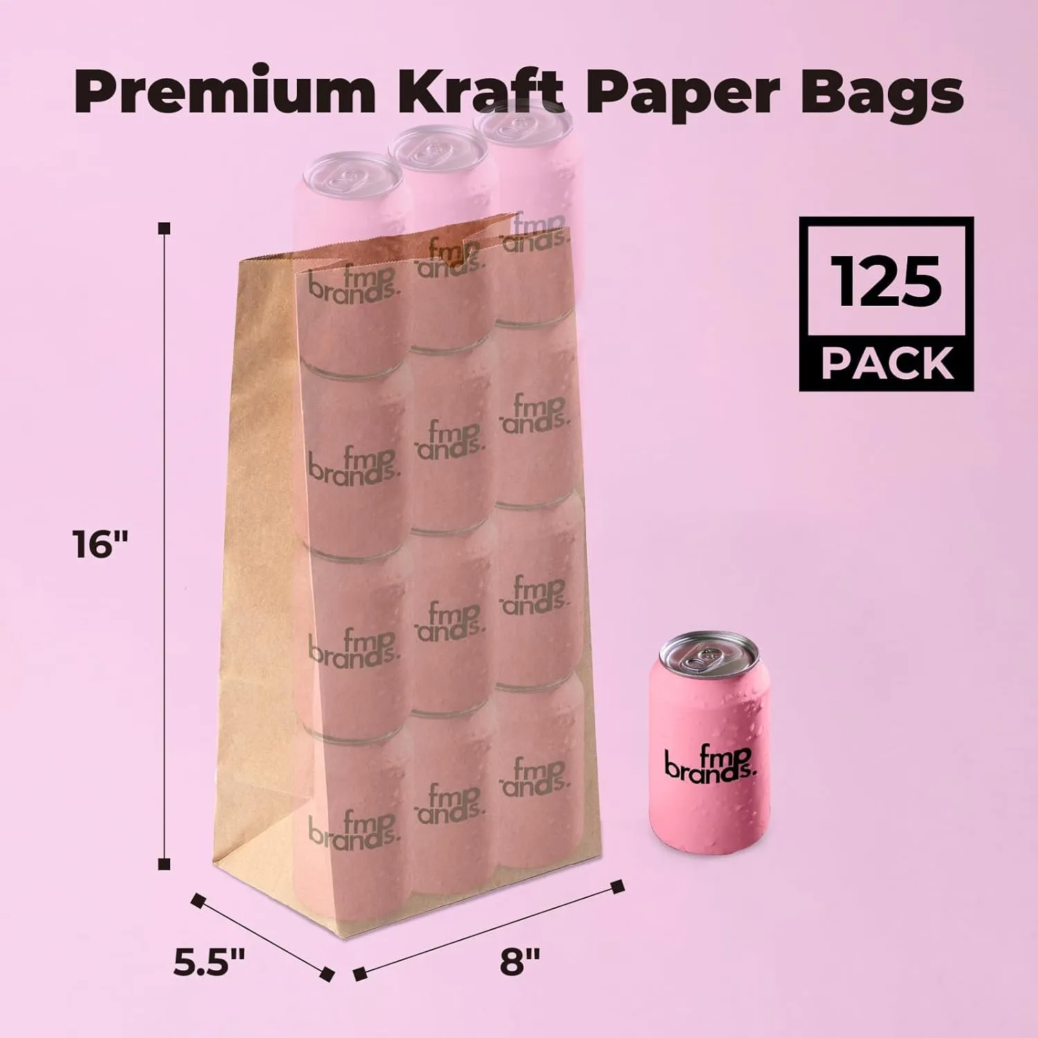 Fit Meal Prep 125 Pack 20 lb Large Brown Paper Bags, 16 x 8 x 5.5” Durable Kraft Paper Bags Bulk for Packing, Delivery, Take Out, Grocery, Retail Shopping, Premium Big Size Paper Sacks for Shopping