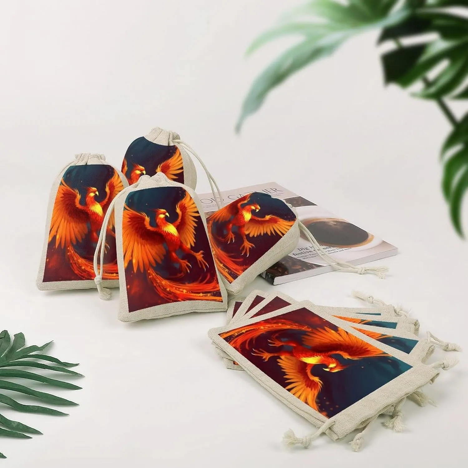 FJWKLRBV Orange Red Phoenix Small Burlap Bags 8 PCS Burlap Gift Bags with Drawstring Storage Bag Jewelry Pouch