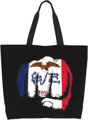 Flag of Iowa Fist Power Canvas Tote Bags for Women, Ladies Shoulder Handbags Large Purse Lightweight Foldable Reusable Shopping Bag with Pockets for Work, Travel, 15.7x19.7in