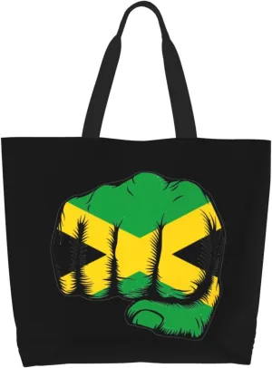 Flag of Jamaica Fist Power Canvas Tote Bags for Women, Ladies Shoulder Handbags Large Purse Lightweight Foldable Reusable Shopping Bag with Pockets for Work, Travel, 15.7x19.7in