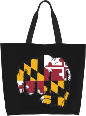 Flag of Maryland Fist Power Canvas Tote Bags for Women, Ladies Shoulder Handbags Large Purse Lightweight Foldable Reusable Shopping Bag with Pockets for Work, Travel, 15.7x19.7in
