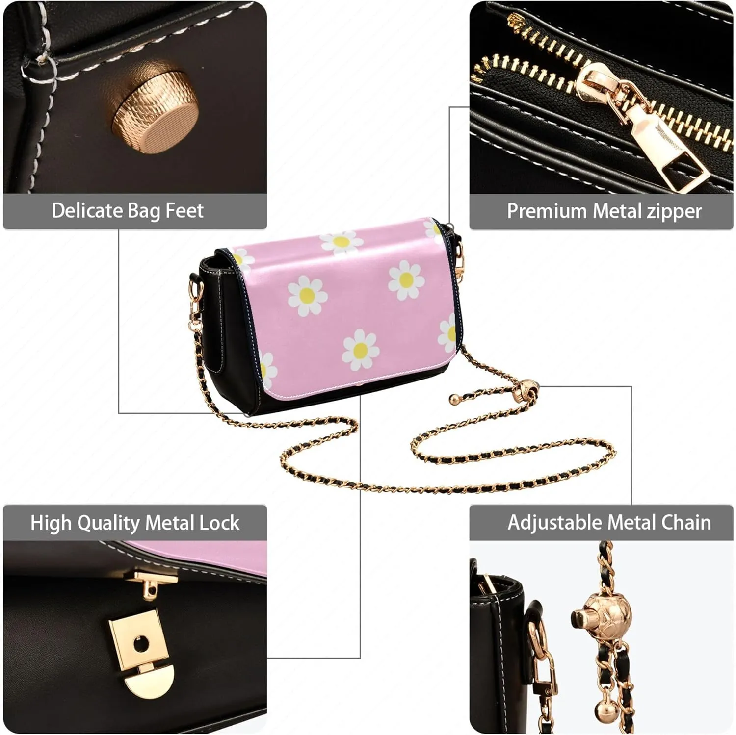 Floral Blue Small Flower Shoulder Leather Bags Black Women Crossbody Bag Purses Trendy Handbag with Chain Strap