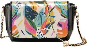 Floral Blue Small Flower Shoulder Leather Bags Black Women Crossbody Bag Purses Trendy Handbag with Chain Strap