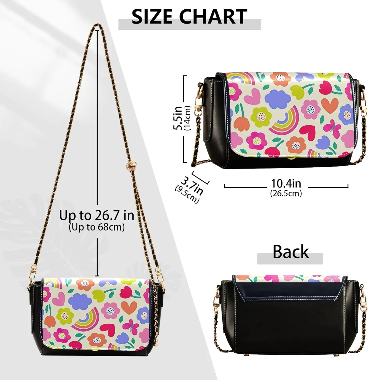 Floral Blue Small Flower Shoulder Leather Bags Black Women Crossbody Bag Purses Trendy Handbag with Chain Strap