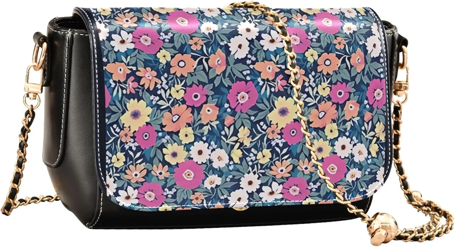 Floral Blue Small Flower Shoulder Leather Bags Black Women Crossbody Bag Purses Trendy Handbag with Chain Strap