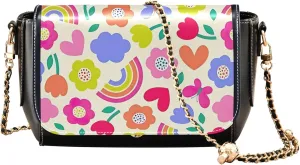 Floral Blue Small Flower Shoulder Leather Bags Black Women Crossbody Bag Purses Trendy Handbag with Chain Strap