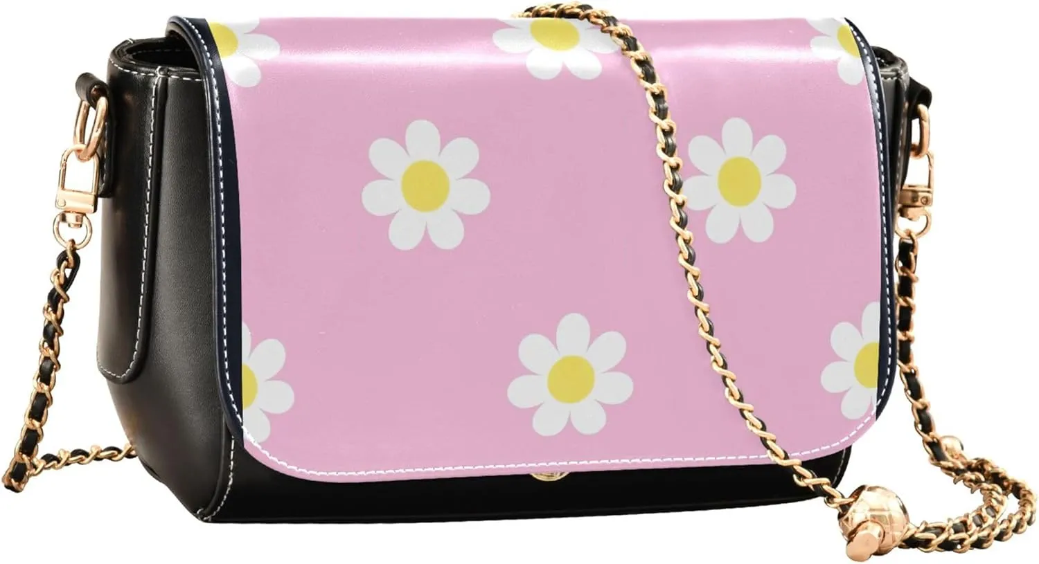 Floral Blue Small Flower Shoulder Leather Bags Black Women Crossbody Bag Purses Trendy Handbag with Chain Strap