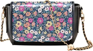 Floral Blue Small Flower Shoulder Leather Bags Black Women Crossbody Bag Purses Trendy Handbag with Chain Strap