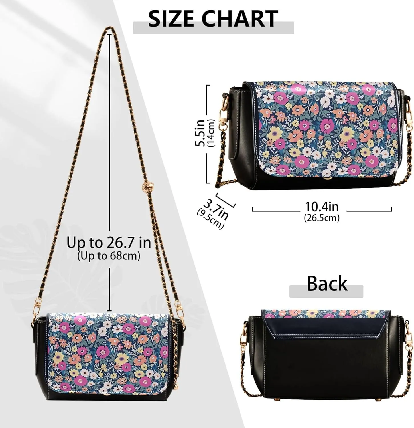 Floral Blue Small Flower Shoulder Leather Bags Black Women Crossbody Bag Purses Trendy Handbag with Chain Strap