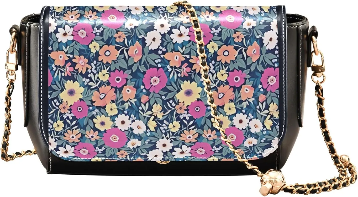 Floral Blue Small Flower Shoulder Leather Bags Black Women Crossbody Bag Purses Trendy Handbag with Chain Strap