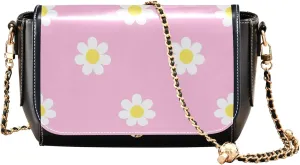 Floral Blue Small Flower Shoulder Leather Bags Black Women Crossbody Bag Purses Trendy Handbag with Chain Strap
