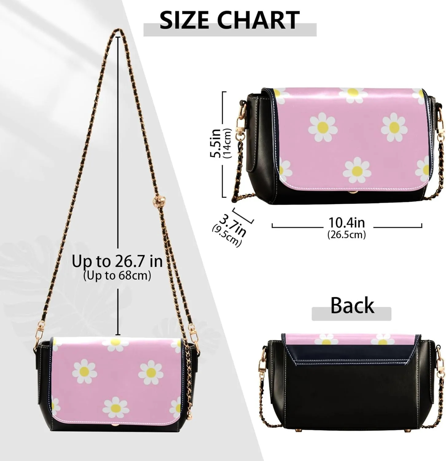 Floral Blue Small Flower Shoulder Leather Bags Black Women Crossbody Bag Purses Trendy Handbag with Chain Strap