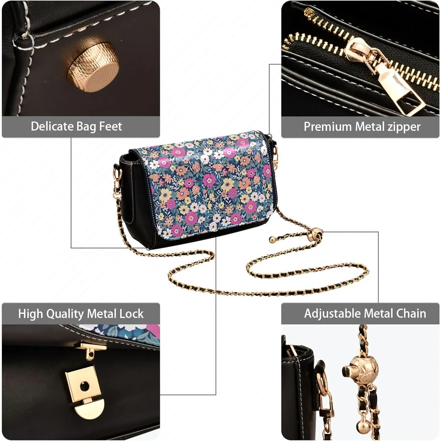 Floral Blue Small Flower Shoulder Leather Bags Black Women Crossbody Bag Purses Trendy Handbag with Chain Strap