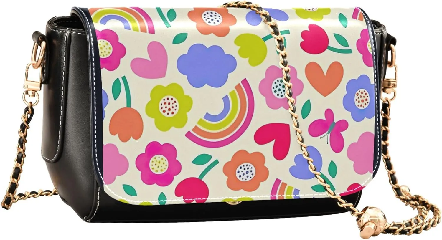 Floral Blue Small Flower Shoulder Leather Bags Black Women Crossbody Bag Purses Trendy Handbag with Chain Strap