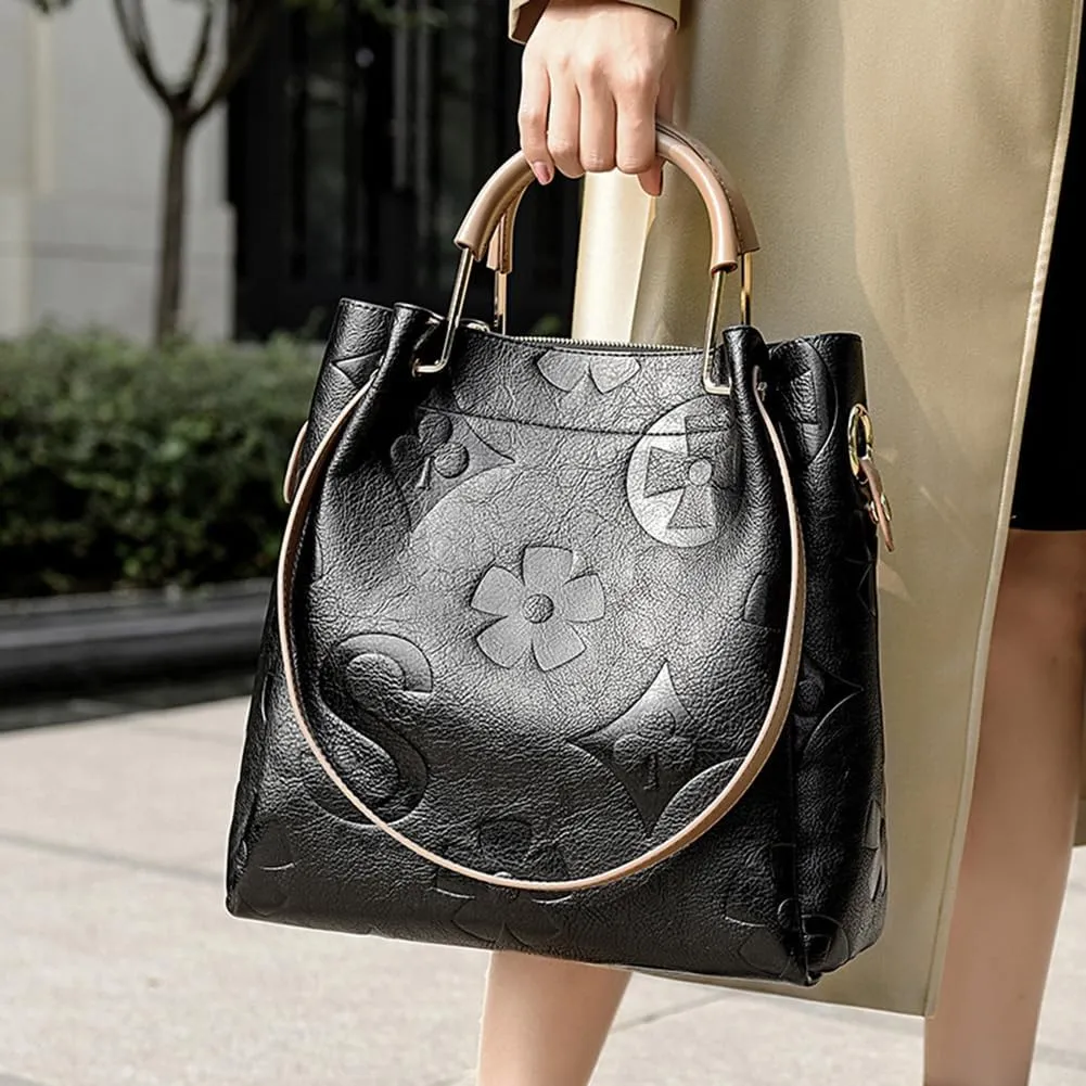 Floral Embossed Tote Bag,Bucket Purse Top Handle Crossbody Clutch Large Vegan Leather Hobo Trendy Designer Handbag for Women