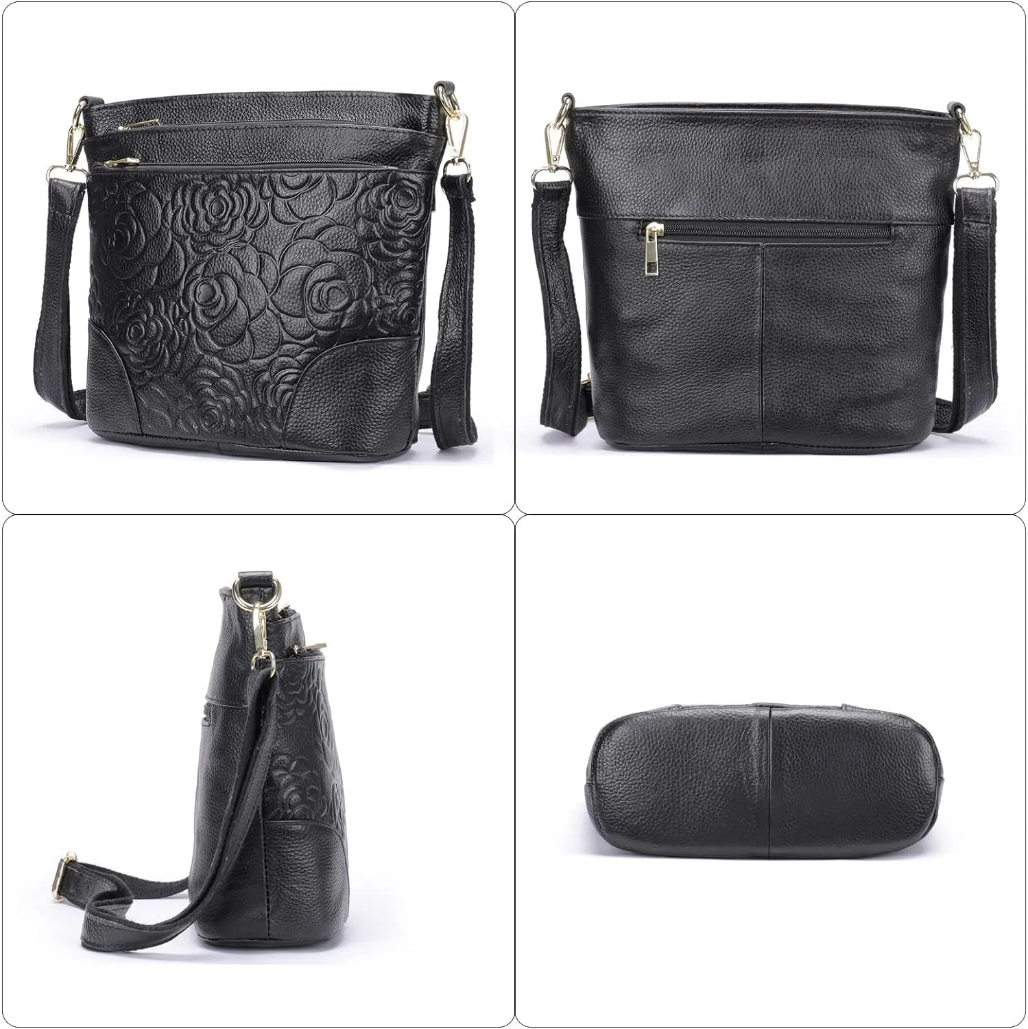 Floral Embossed Women Purse, Leather Crossbody Bag Ladies Designer Triple Pockets Shoulder Handbag Black