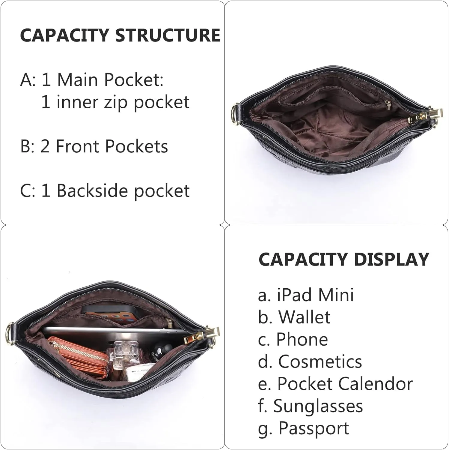 Floral Embossed Women Purse, Leather Crossbody Bag Ladies Designer Triple Pockets Shoulder Handbag Black