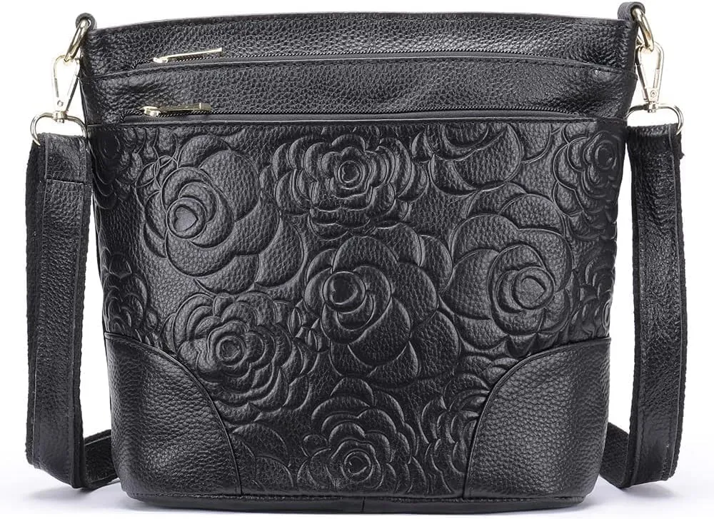 Floral Embossed Women Purse, Leather Crossbody Bag Ladies Designer Triple Pockets Shoulder Handbag Black